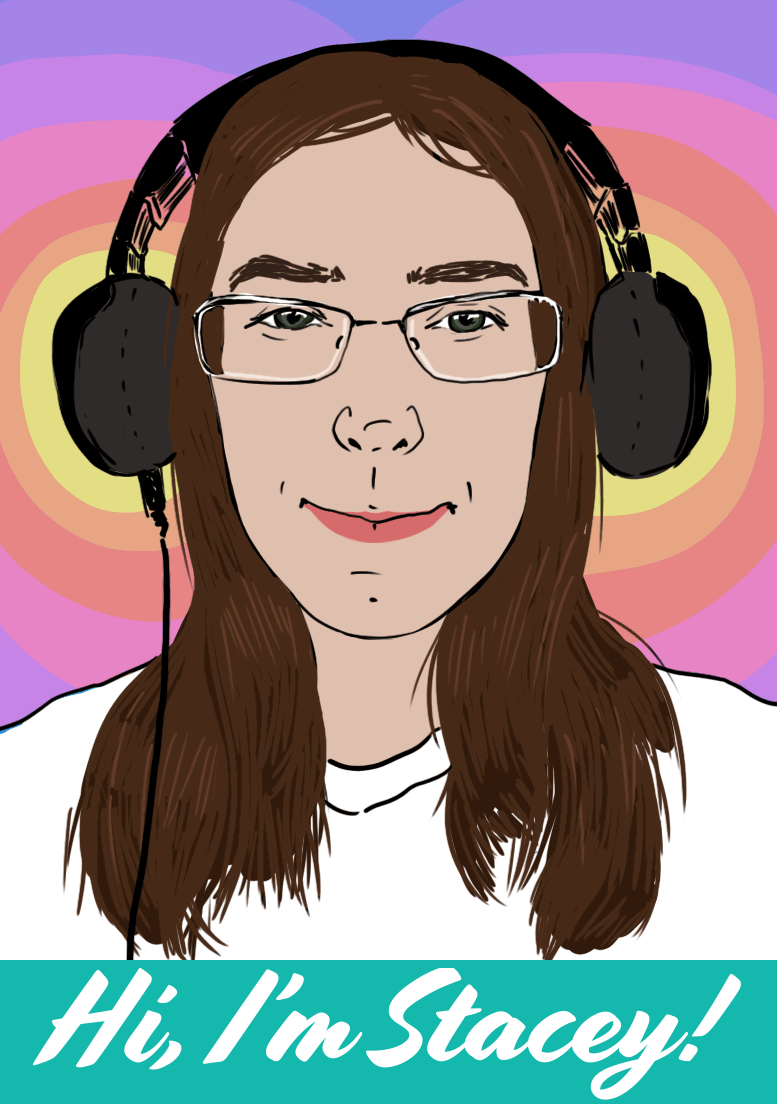 an animated portrait of the artist that says "hi i'm stacey!"
